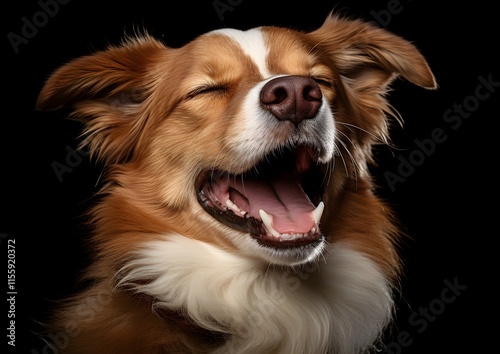 A tired dog lies on a white background, yawning widely. The scene conveys calm and serenity.
