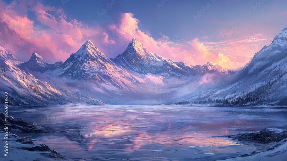 Majestic snow-capped mountains surround a vast, frozen lake under soft, ethereal dawn light Majestic snow-capped mountains surround a vast, frozen lake under soft, ethereal dawn light