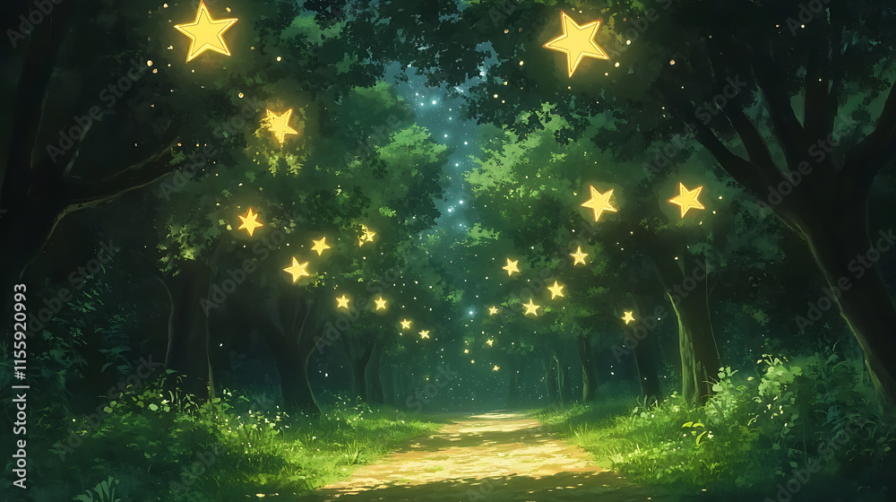 Obraz premium Enchanted Forest Path: A winding path through a magical forest, illuminated by glowing stars, invites you to explore a realm of dreams and wonder. 