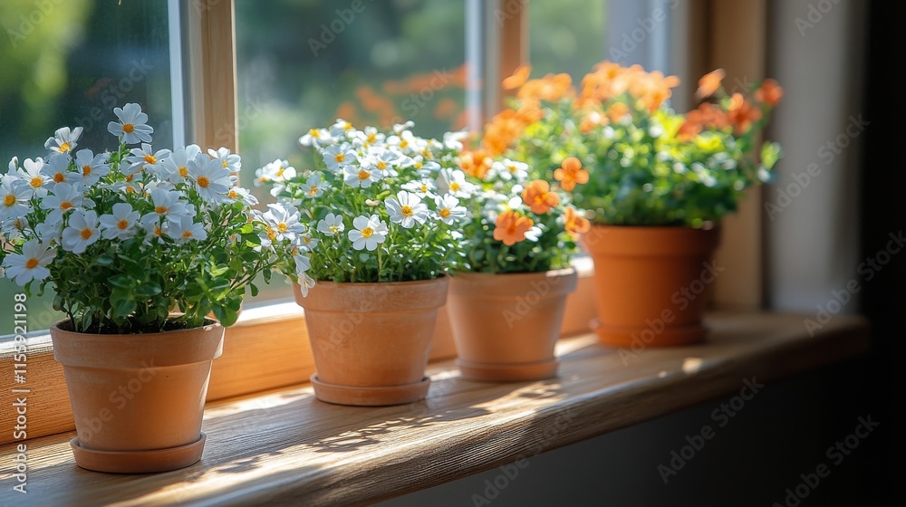 Colorful flowering plants on a windowsill with natural light in a serene setting Colorful flowering plants on a windowsill with natural light in a serene setting