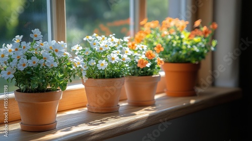 Colorful flowering plants on a windowsill with natural light in a serene setting