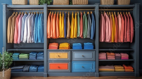 Colorful wardrobe filled with neatly arranged shirts and dresses in a stylish...