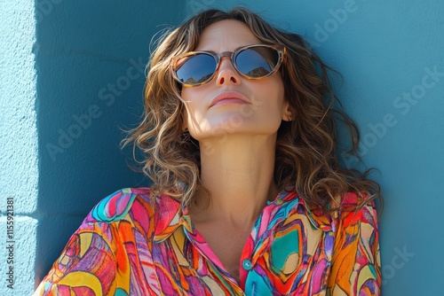 Confident woman wearing sunglasses and vibrant attire against a clear blue sky