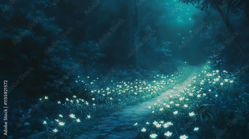 Fototapeta premium Enchanted Forest Path: A mystical and ethereal pathway through a lush, dark forest, illuminated by a field of glowing fireflies. The path leads the viewer towards a mysterious and captivating unknown.