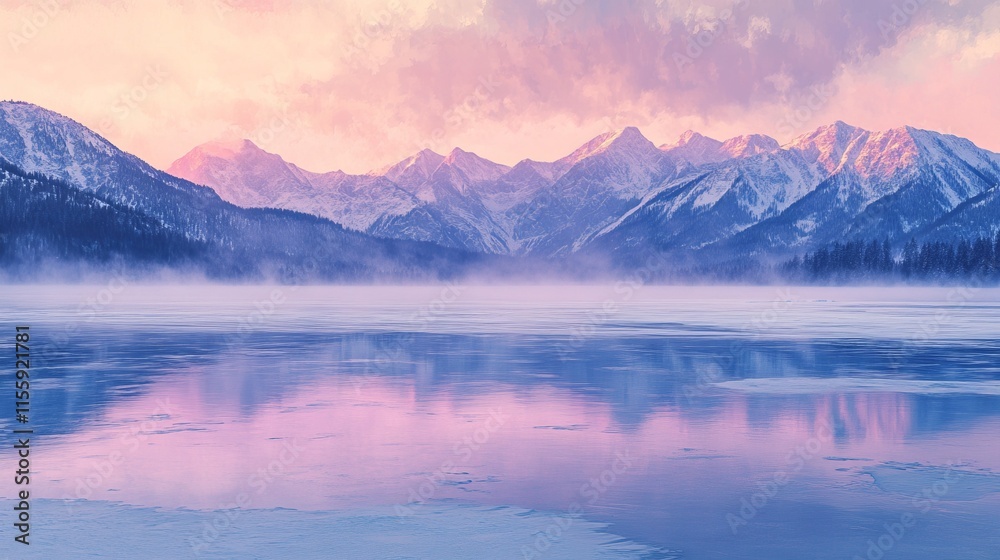 Majestic snow-capped mountains surround a vast, frozen lake under soft, ethereal dawn light Majestic snow-capped mountains surround a vast, frozen lake under soft, ethereal dawn light