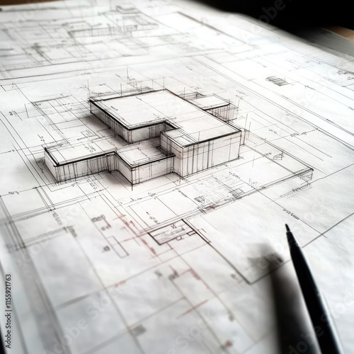 Architectural blueprint featuring a 3D model of a building design with detailed measurements.