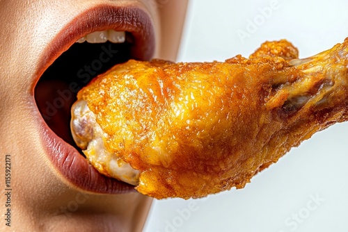 A man about to eat a deep-fried chicken leg with his mouth open or.A man opening his mouth to take a bite of a deep-fried chicken leg or.A man with an open mouth, moments before consuming a photo