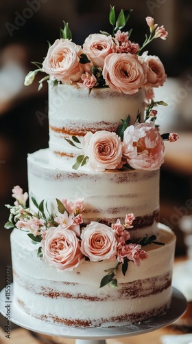 Elegant three-tier cake decorated with fresh flowers for a special occasion