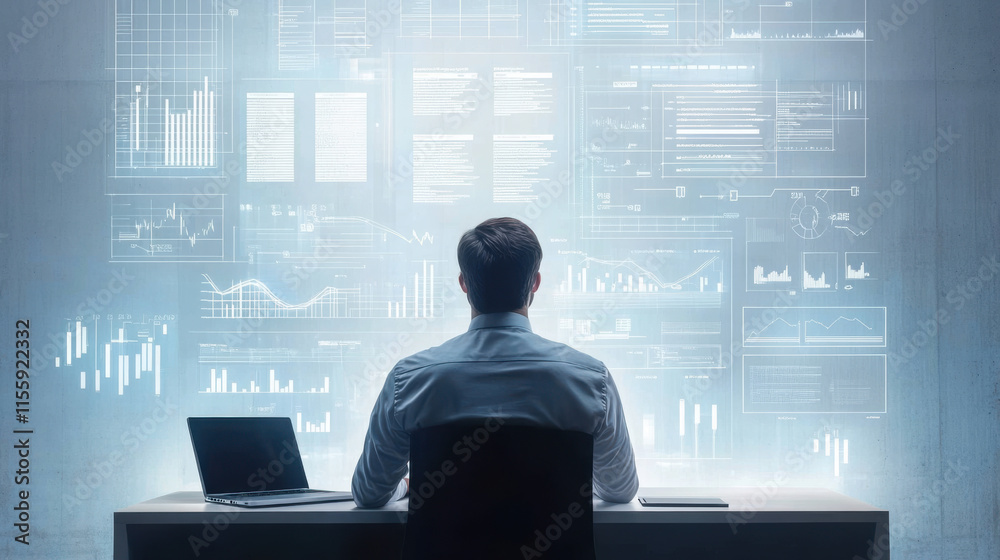 Fototapeta premium A man in his thirties standing at a large desk with project plans, flowcharts, and a laptop in front of him.