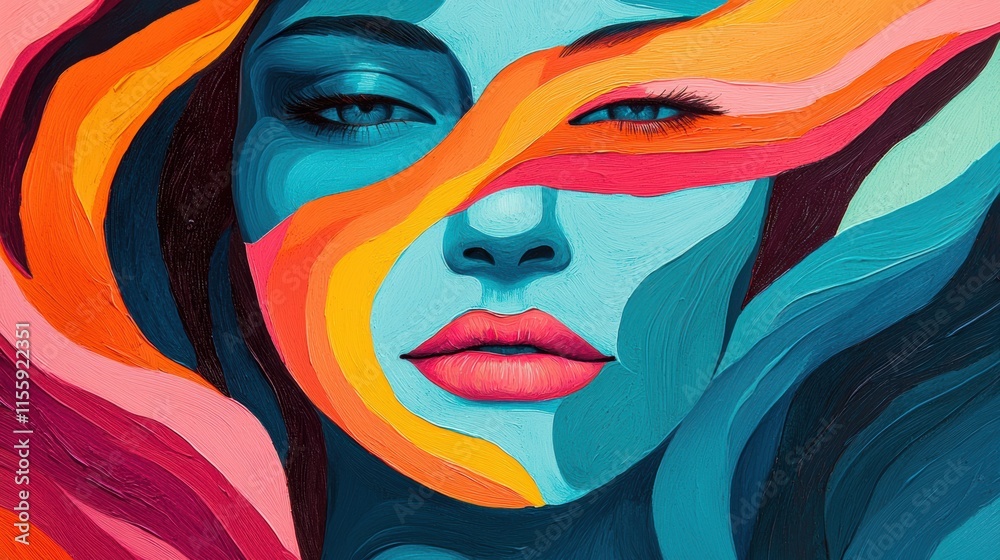 Colorful Abstract Face Art with Bold Stripes and Vivid Hues Colorful Abstract Face Art with Bold Stripes and Vivid Hues
