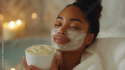Relaxing moment at home spa with face mask and skincare routine