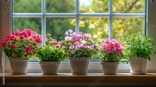 Colorful flowering plants on a windowsill with natural light in a serene setting