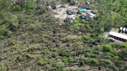 Drone passing over devastation in aftermath of Portage, Michigan tornado, May 7, 2024