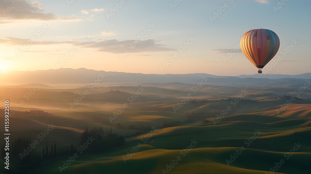 Obraz premium Hot Air Balloon Soaring Over Rolling Hills at Sunrise