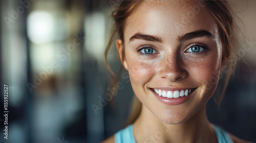 Woman with blue eyes, freckles, and a bright smile, standing in a gym environment.