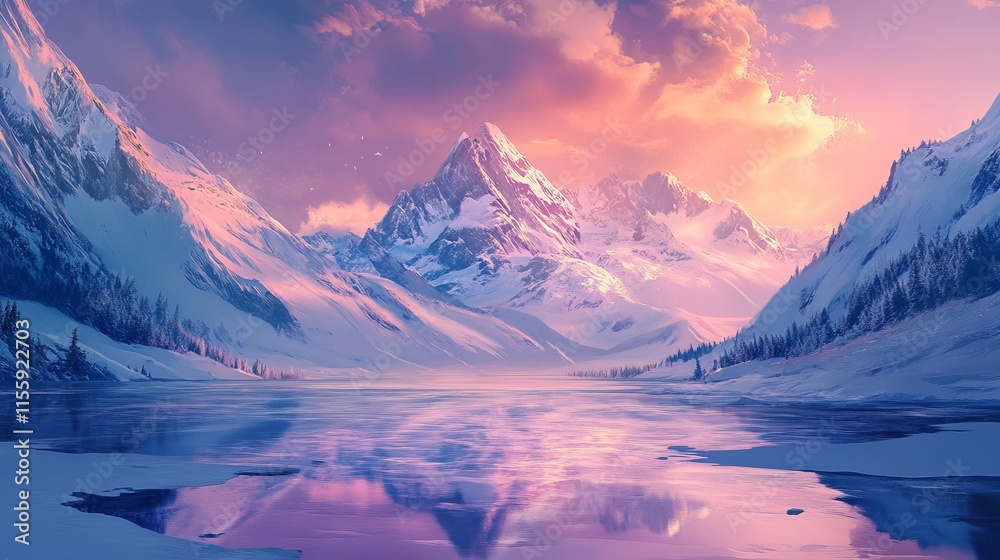 Majestic snow-capped mountains surround a vast, frozen lake under soft, ethereal dawn light Majestic snow-capped mountains surround a vast, frozen lake under soft, ethereal dawn light