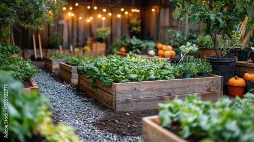 Vegetable garden with tools and fresh produce in a sunny backyard