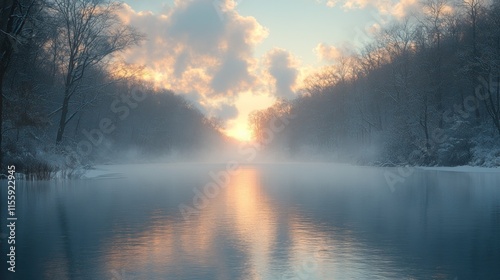 Winter sunrise over a misty river flowing through a snowy forest.