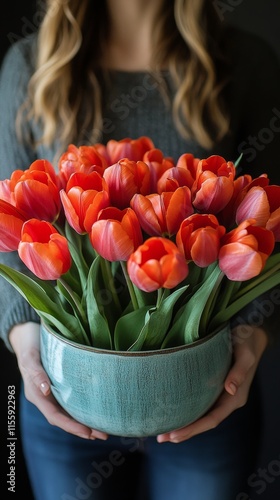 Beautiful woman holding a bouquet of vibrant orange tulips in a serene indoor...