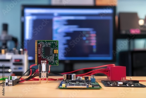 Circuit board development setup featuring technology in a modern workspace environment