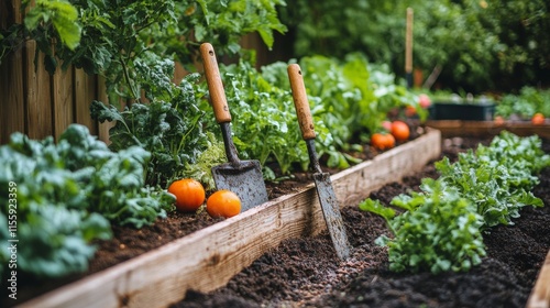 Vegetable garden with tools and fresh produce in a sunny backyard