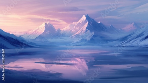 Majestic snow-capped mountains surround a vast, frozen lake under soft, ethereal dawn light