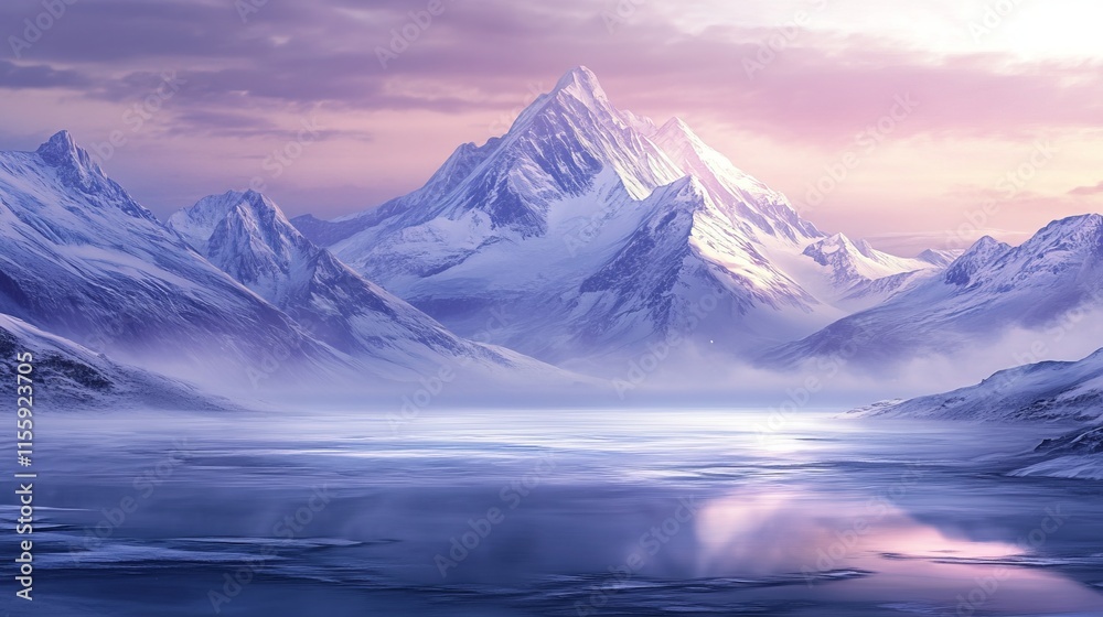 Majestic snow-capped mountains surround a vast, frozen lake under soft, ethereal dawn light
