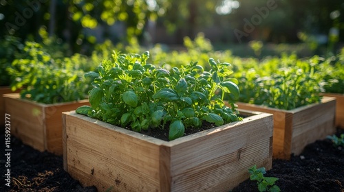 Lush green herbs growing in a well-kept garden with a stone pathway under a c...