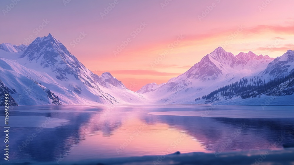 Majestic snow-capped mountains surround a vast, frozen lake under soft, ethereal dawn light Majestic snow-capped mountains surround a vast, frozen lake under soft, ethereal dawn light