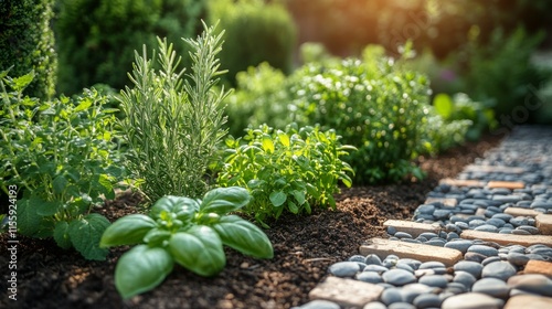 Lush green herbs growing in a well-kept garden with a stone pathway under a c...