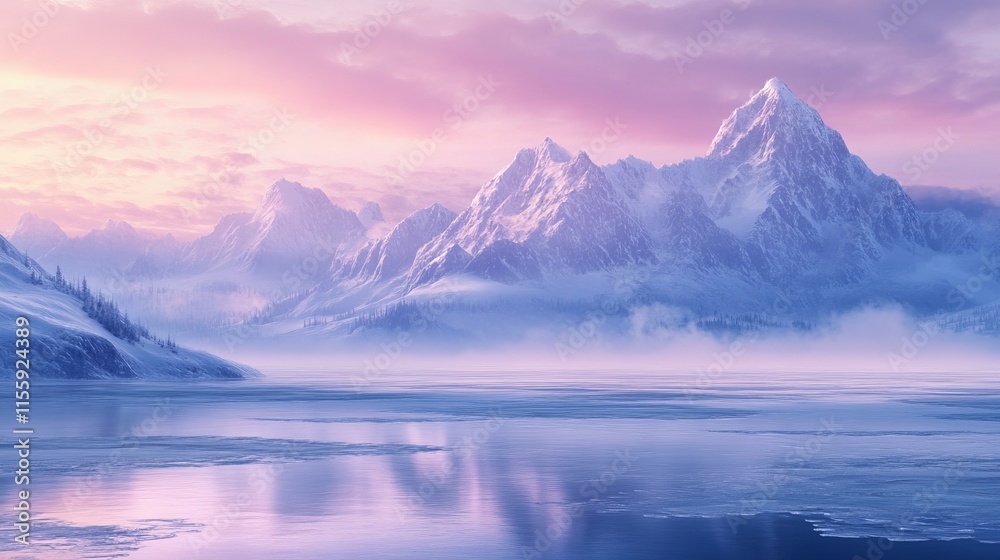 Majestic snow-capped mountains surround a vast, frozen lake under soft, ethereal dawn light