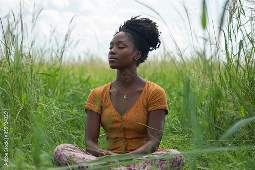 Young woman in a striped dress sitting in tall grass under a bright sky