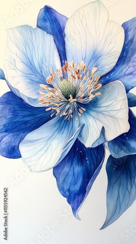 Beautiful blue orchid captured in watercolor painting with delicate details a...