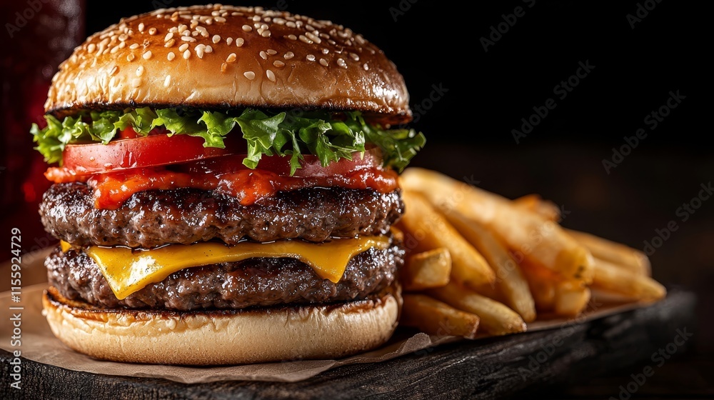 A cheeseburger and french fries on a plate with a drink A cheeseburger and french fries on a plate with a drink