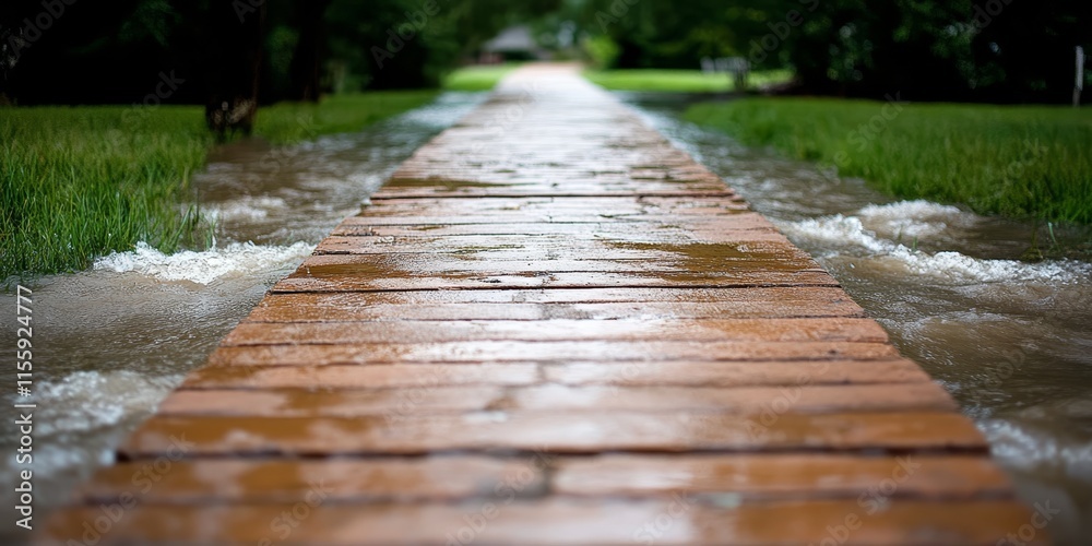Obraz premium A wooden walkway in the middle of a flooded street