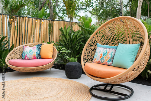 Farbenfroher Outdoor-Bereich mit Rattanmöbel, Hängesessel und bunten Kissen zum Entspannen mit Urlaubsfeeling