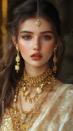 Beautiful model wearing intricate gold jewelry and traditional attire with a ...