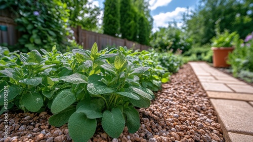 Lush green herbs growing in a well-kept garden with a stone pathway under a c...