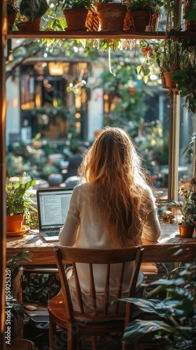 Cozy caf setting with a woman working on a laptop during an evening in a vibr...