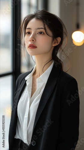 Confident businesswoman in a modern office setting during daylight hours