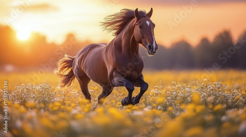 Majestic white horse galloping through water against a vibrant sunset backdrop