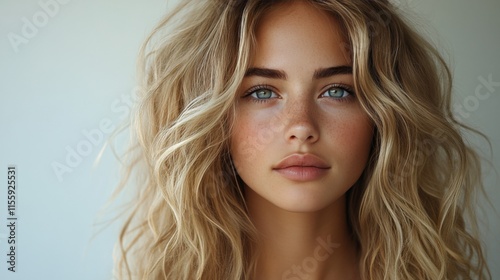 Striking portrait of a young woman with curly hair and captivating green eyes...