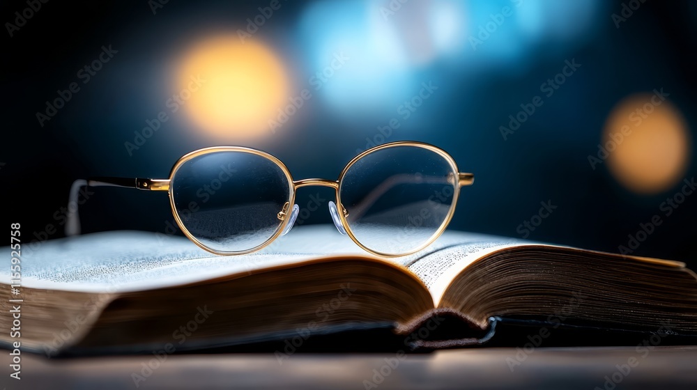 A pair of glasses sitting on top of an open book A pair of glasses sitting on top of an open book