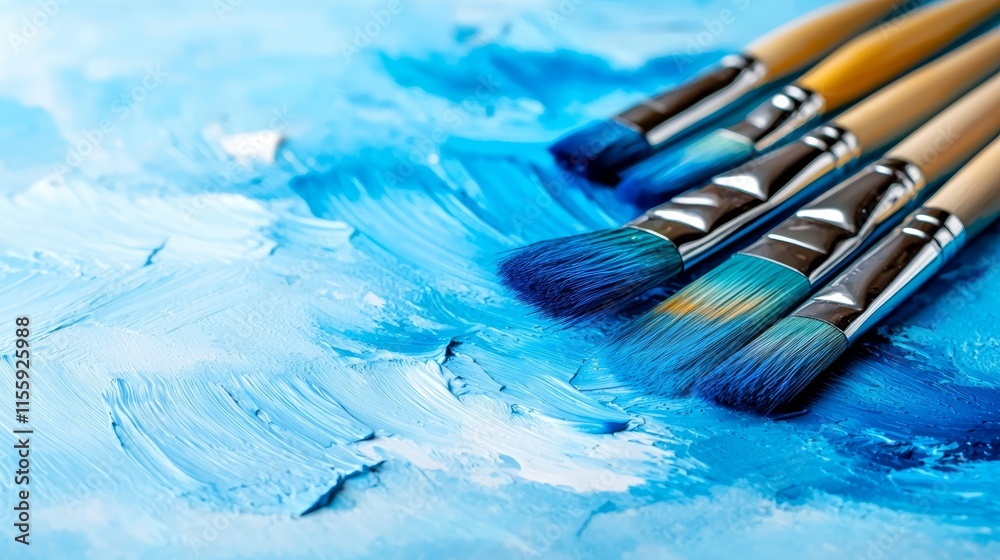 A group of paint brushes sitting on top of a blue surface A group of paint brushes sitting on top of a blue surface