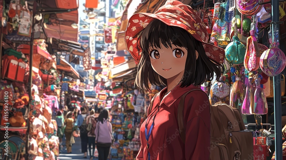 Obraz premium A fashionable anime girl shopping in a bustling urban market