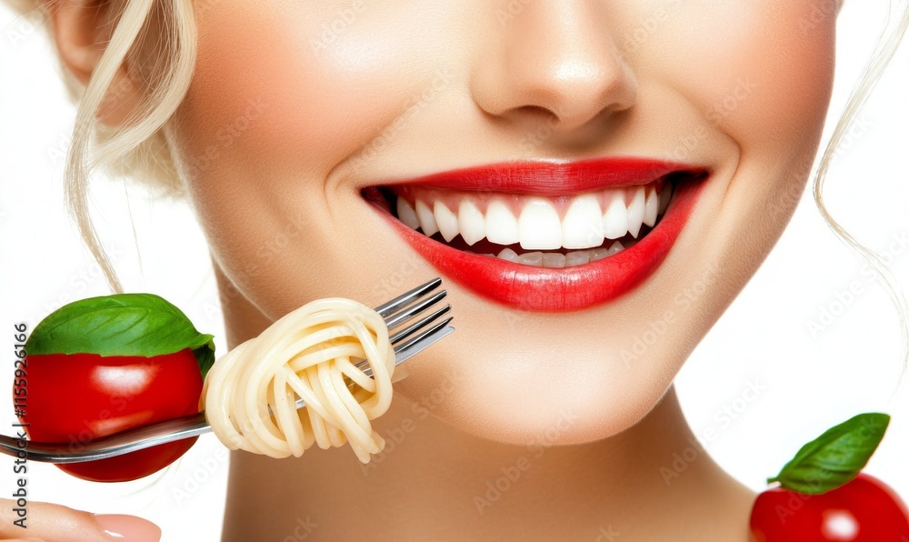 A close-up of sexy lips kissing noodles pasta. A woman's mouth enjoying a bite of spaghetti. A close-up of sexy lips kissing noodles pasta. A woman's mouth enjoying a bite of spaghetti.