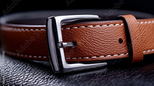A brown leather belt with a silver buckle on a black background