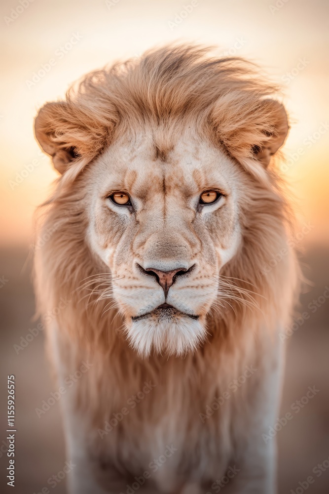  A close up of a lion's face at sunset