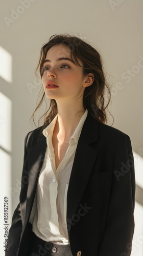 Portrait of a young woman in formal attire standing by a large window with so...