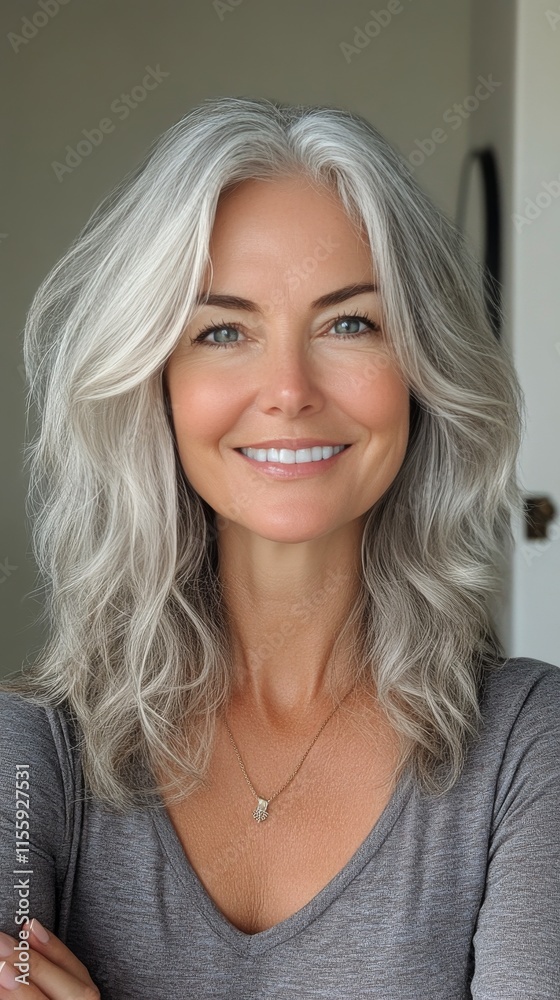 Smiling woman with silver hair and natural beauty in a bright indoor setting Smiling woman with silver hair and natural beauty in a bright indoor setting